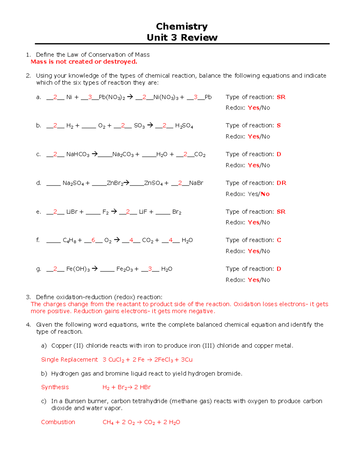 Chemistry Review CBA 3 2015-2016 KEY - Chemistry Unit 3 Review Define ...