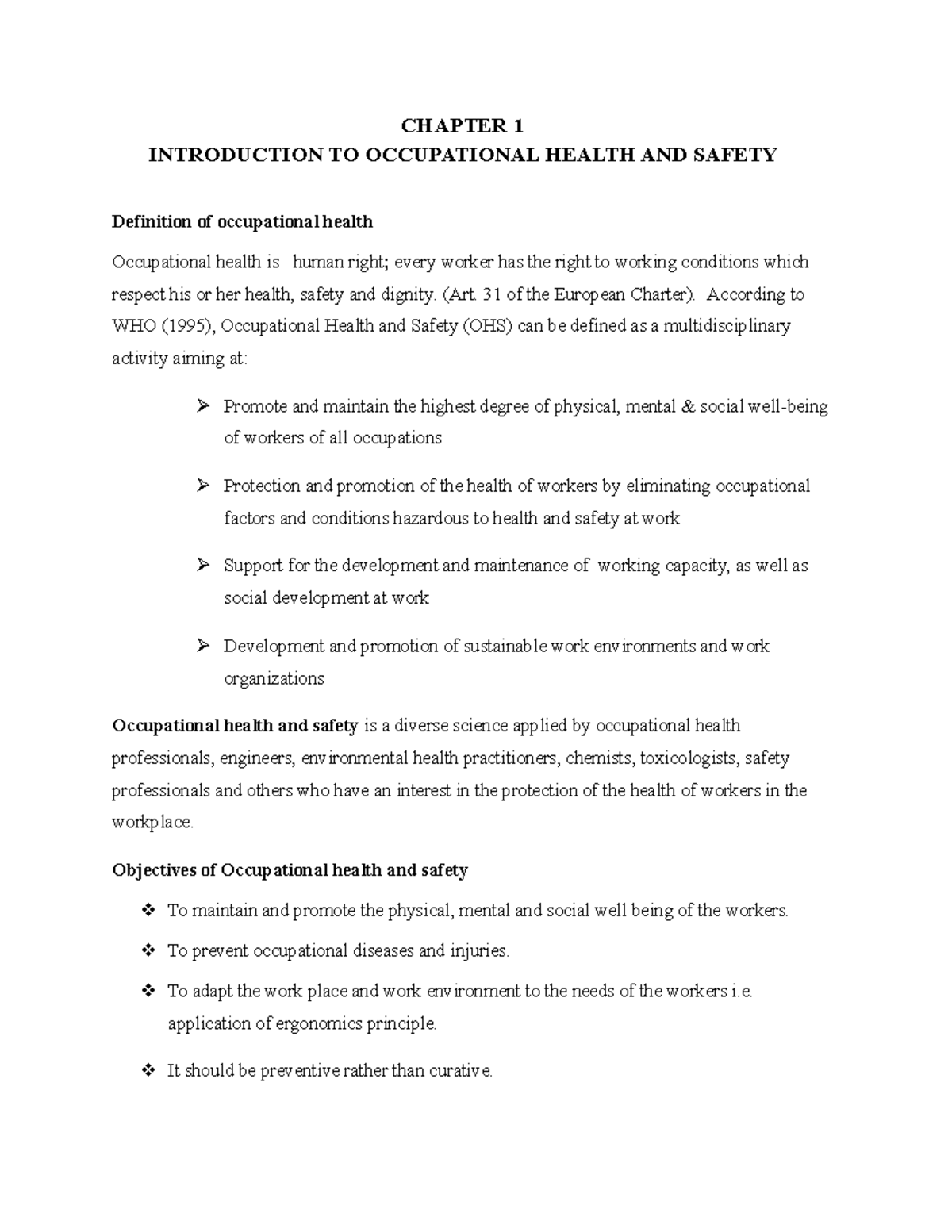 3rd year occupational health CHAPTER 1 INTRODUCTION TO OCCUPATIONAL