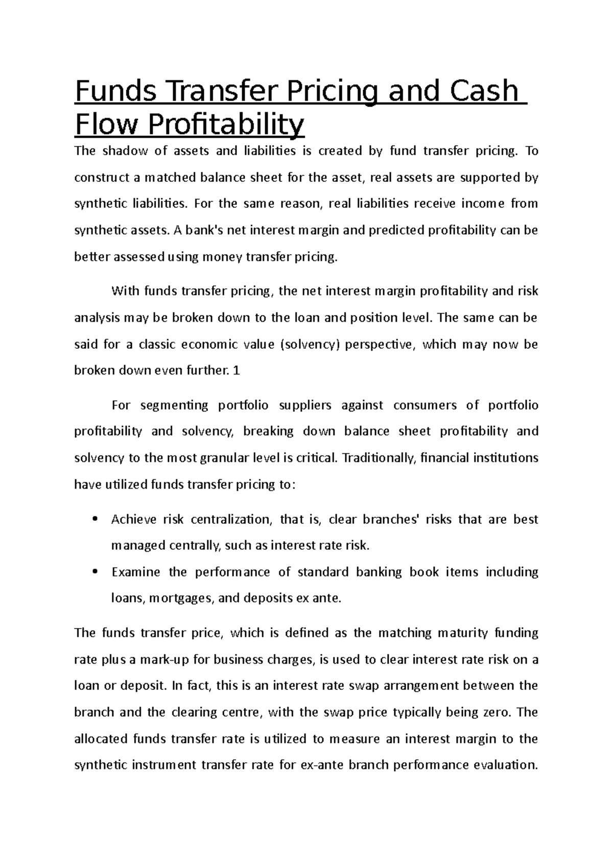 Funds Transfer Pricing and Cash Flow Profitability - Funds Transfer