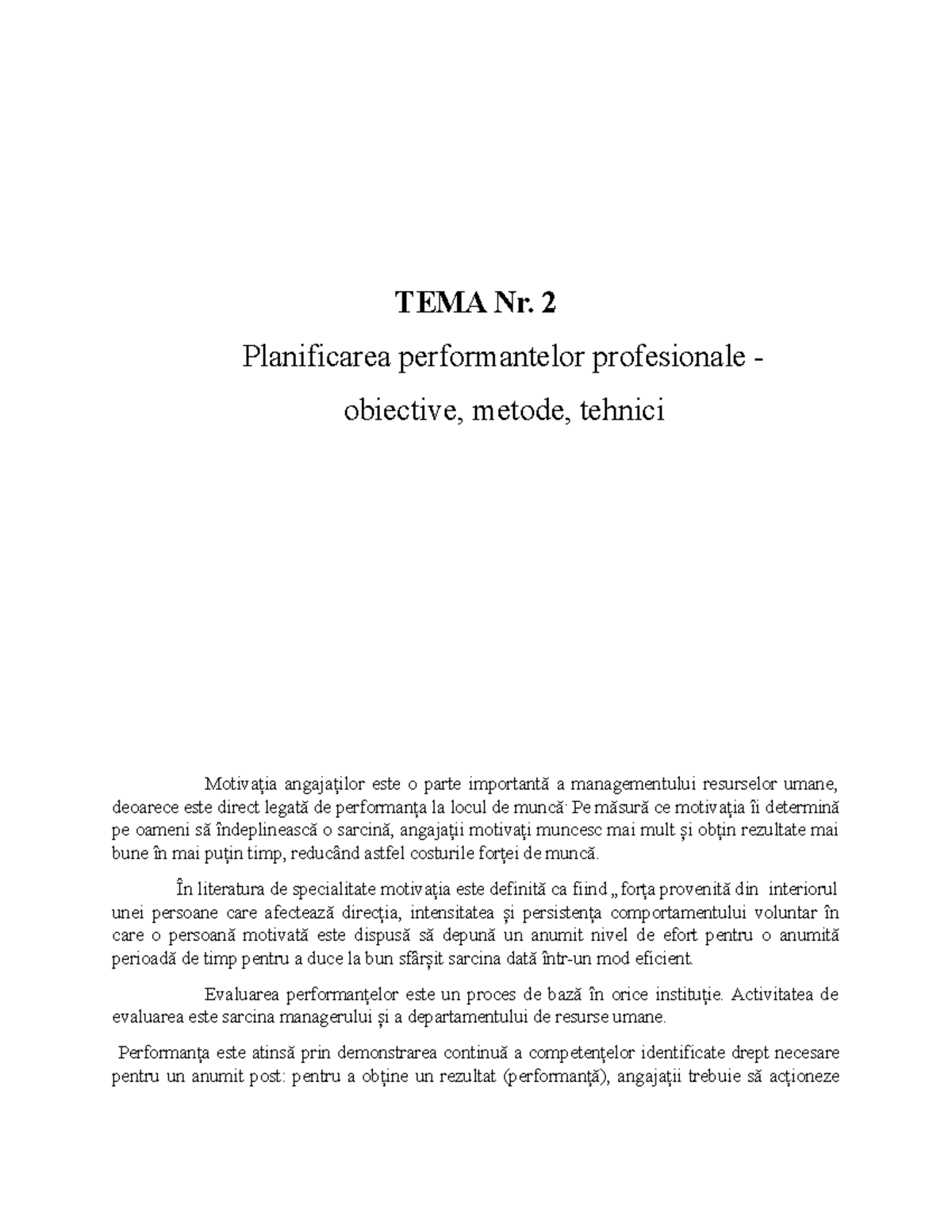 Planificarea Performantelor Profesionale - TEMA Nr. 2 Planificarea ...