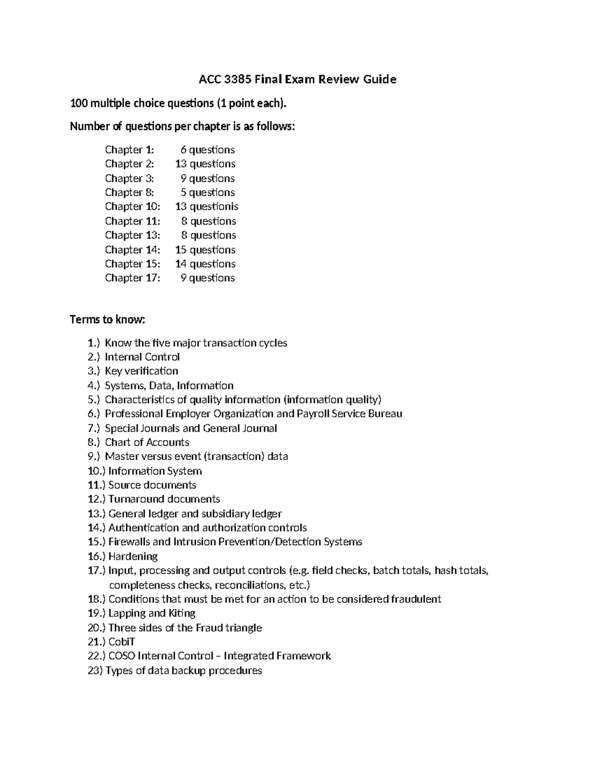 Spring 2024 Final Exam Review Sheet ACC 3385 Final Exam Review Guide