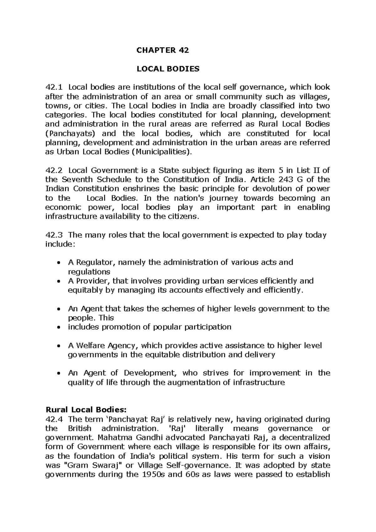 Local Self Governance - notes - CHAPTER 42 LOCAL BODIES 42 Local bodies ...