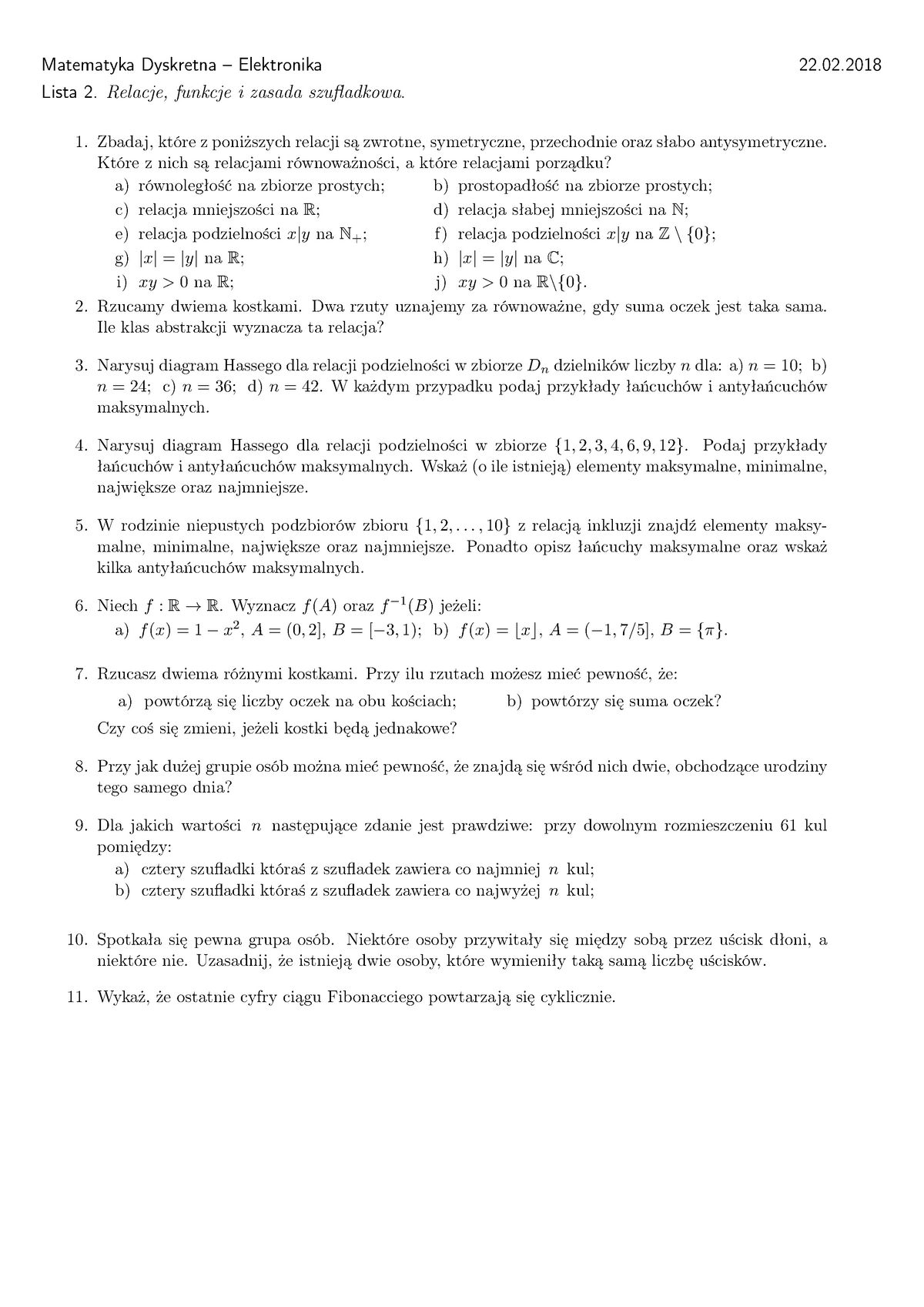 Lista 02 - Relacje, Funkcje I Z.sz - Matematyka Dyskretna – Elektronika ...