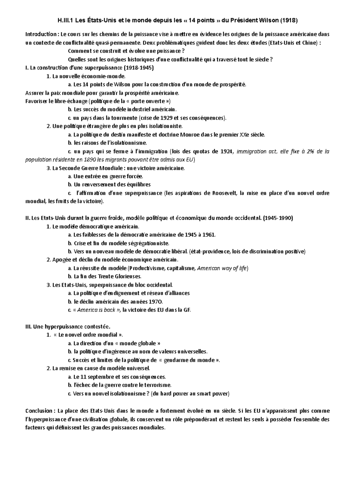 Les Etats-Unis Et Le Monde Depuis Les 14 Points De Wilson Plan Détaillé ...