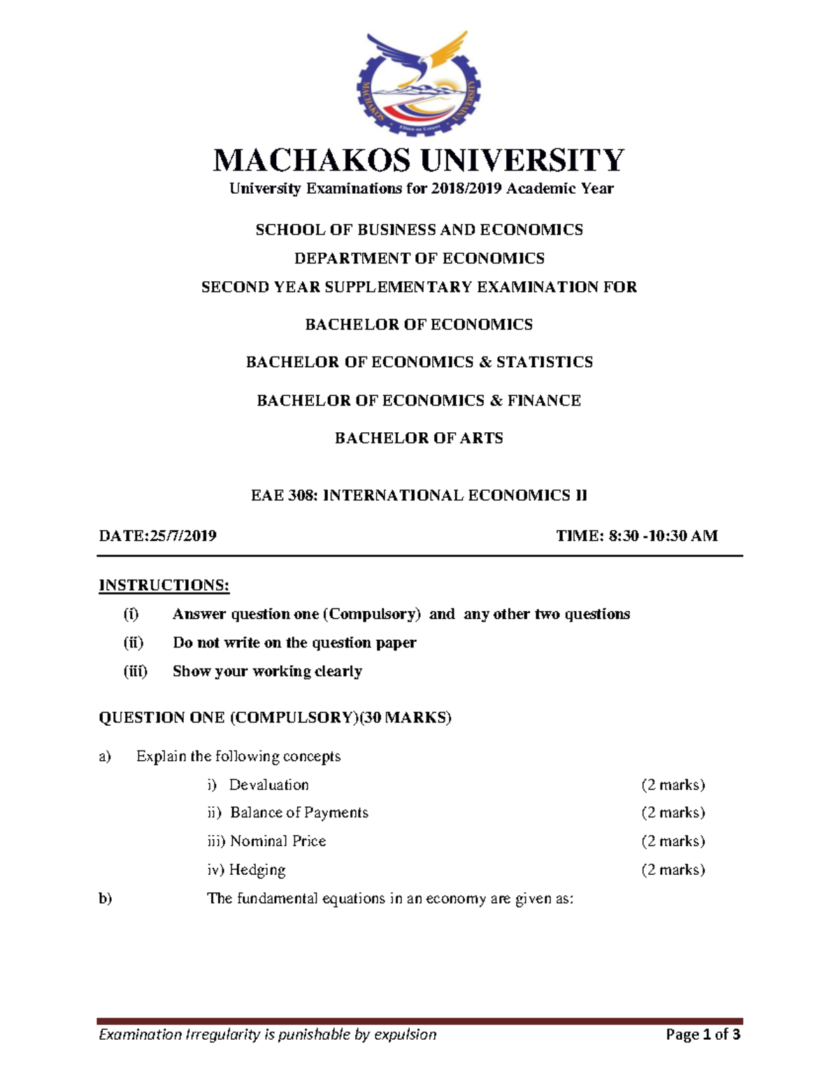 EAE 308 EXM 2 - Examination Irregularity is punishable by expulsion ...