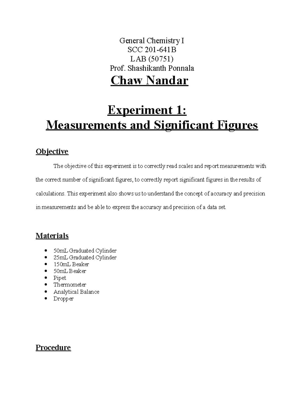 SCC Lab 1 - Lab Report 1 - General Chemistry I SCC 201-641B LAB (50751 ...