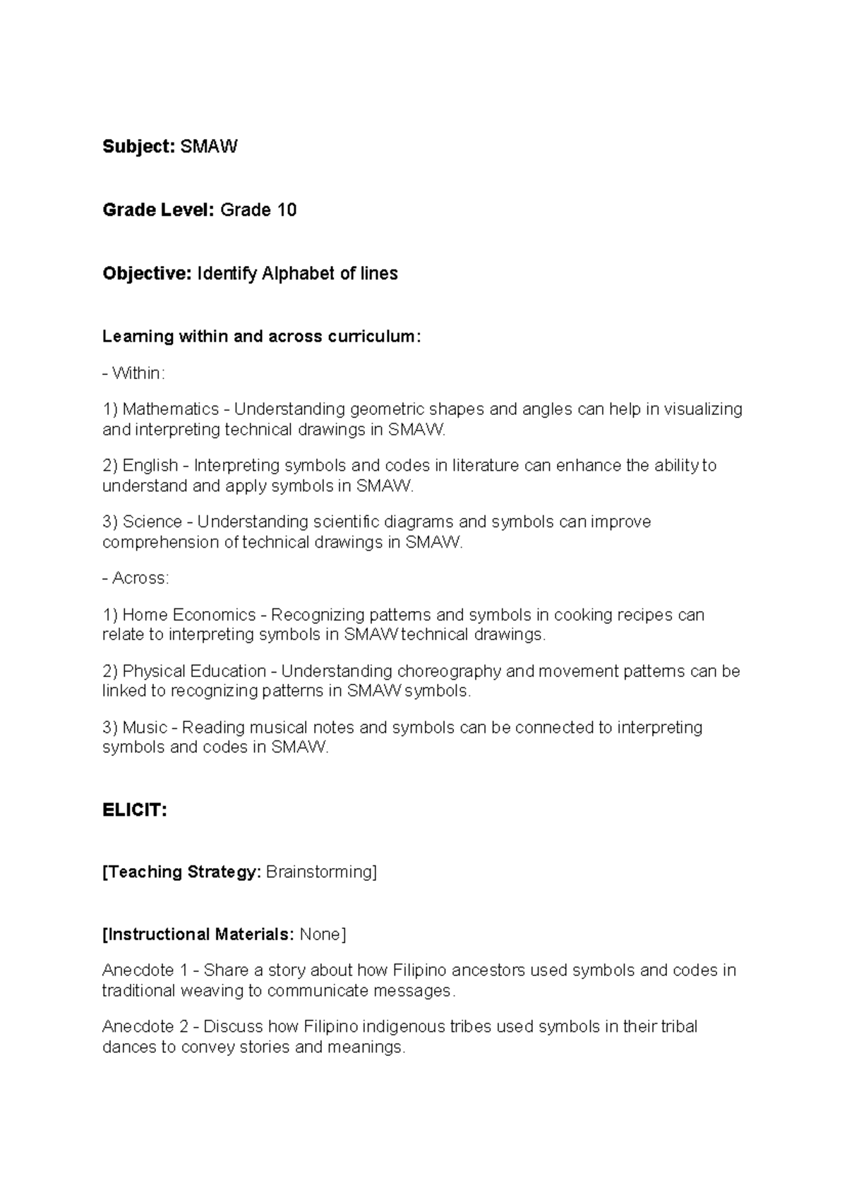 Lesson Plan - 7E - Subject: SMAW Grade Level: Grade 10 Objective ...