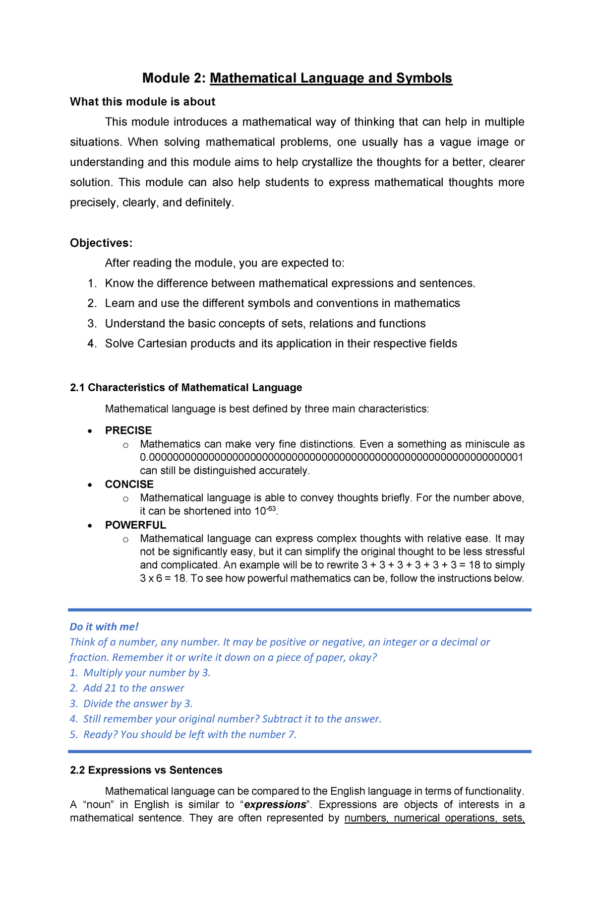 Module 2 (Revised) - Lecture Notes 2 Mmw - Module 2: Mathematical ...