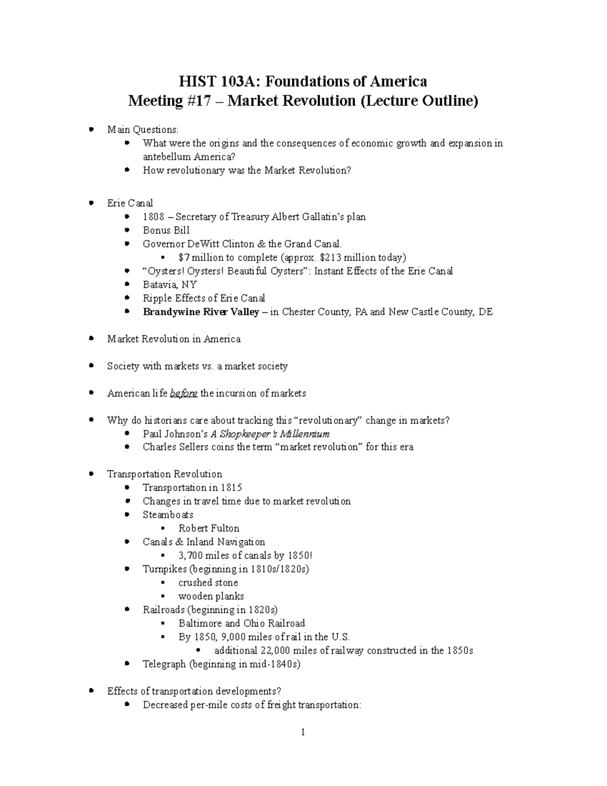 FA #17 - Market Revolution (Lecture Outline) - HIST 103A: Foundations ...