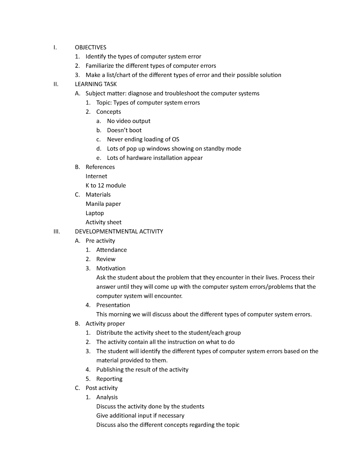 Computer System Errors 4RTH Grading - I. OBJECTIVES Identify the types ...