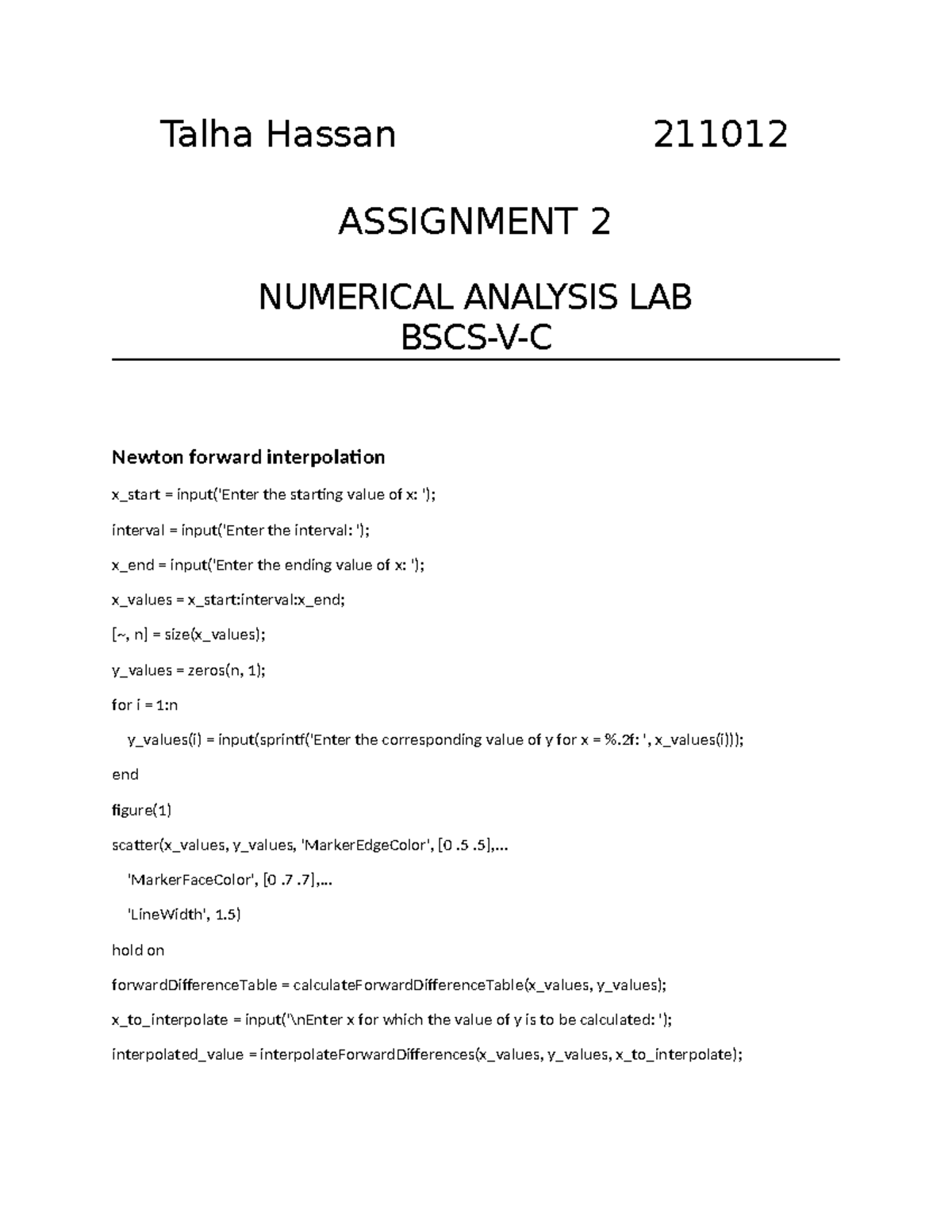 Matlab 2 - Talha Hassan 211012 ASSIGNMENT 2 NUMERICAL ANALYSIS LAB BSCS ...