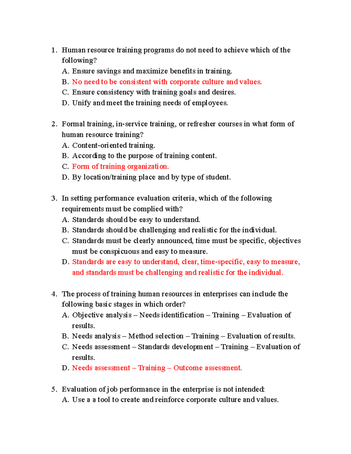 Human Resources Management Quiz Chapter 3 Human resource training