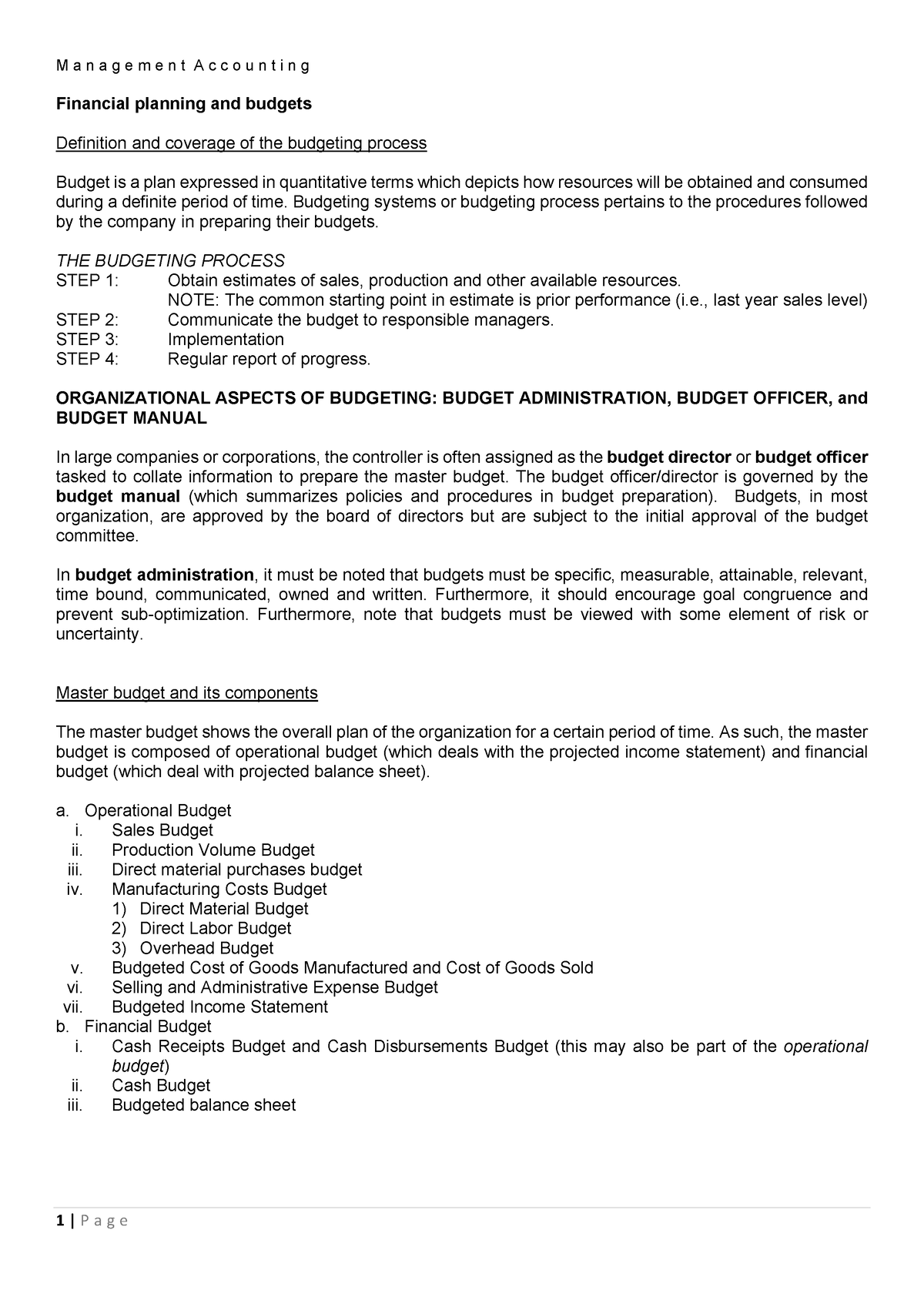 Chapter I Master Budget - Financial planning and budgets Definition and ...