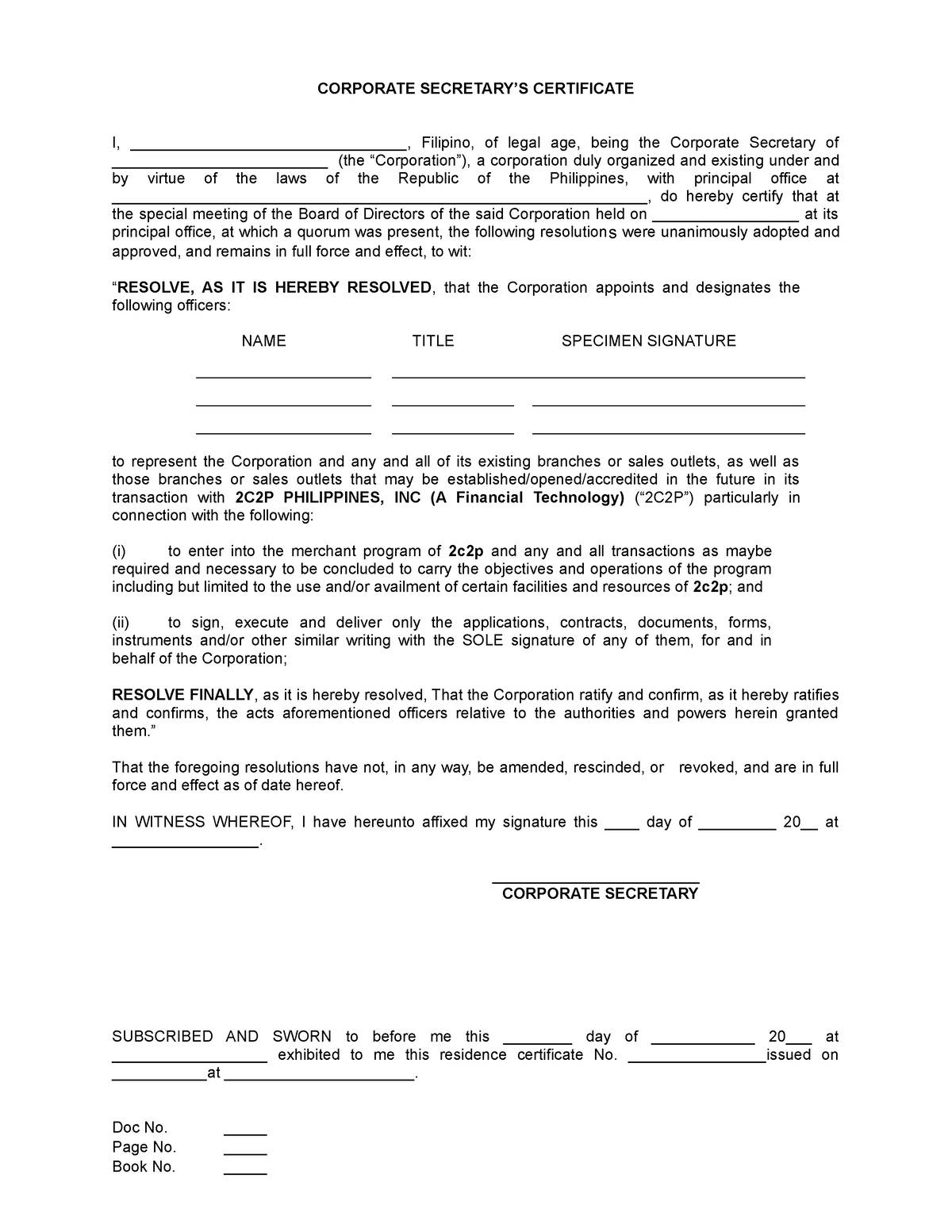 2C2P Secretary Certificate Template - BS Legal Management - Studocu