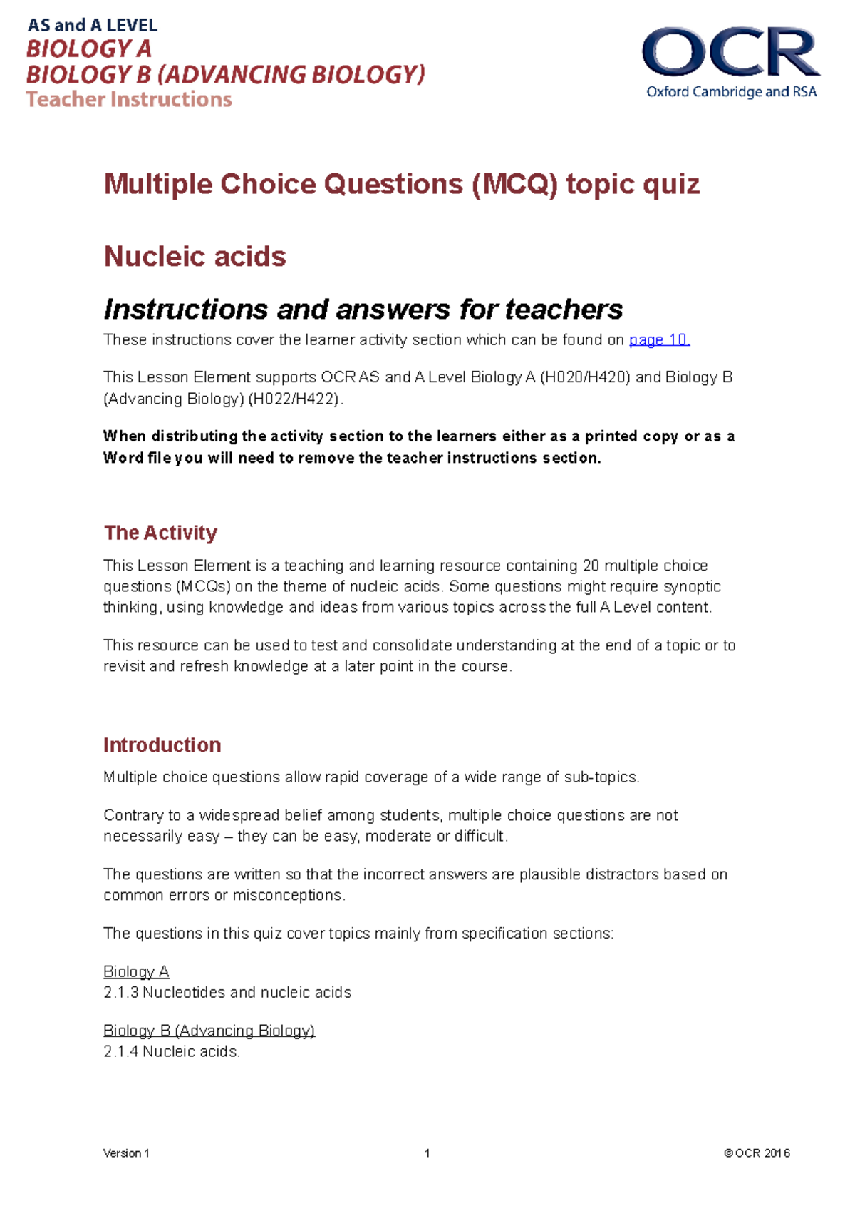 305615nucleicacids Multiple Choice Questions (MCQ) topic quiz Nucleic acids Instructions and