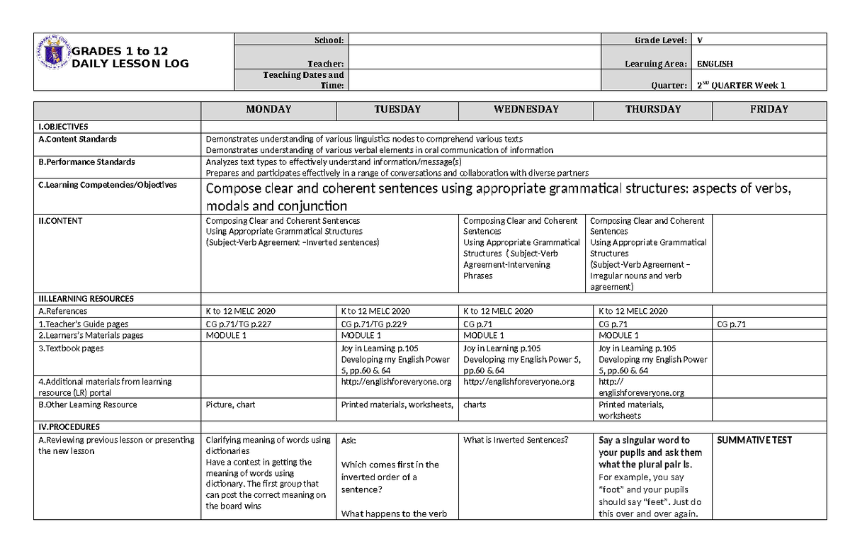 DLL English 5 Q2 W1 - lesson plan - GRADES 1 to 12 DAILY LESSON LOG ...