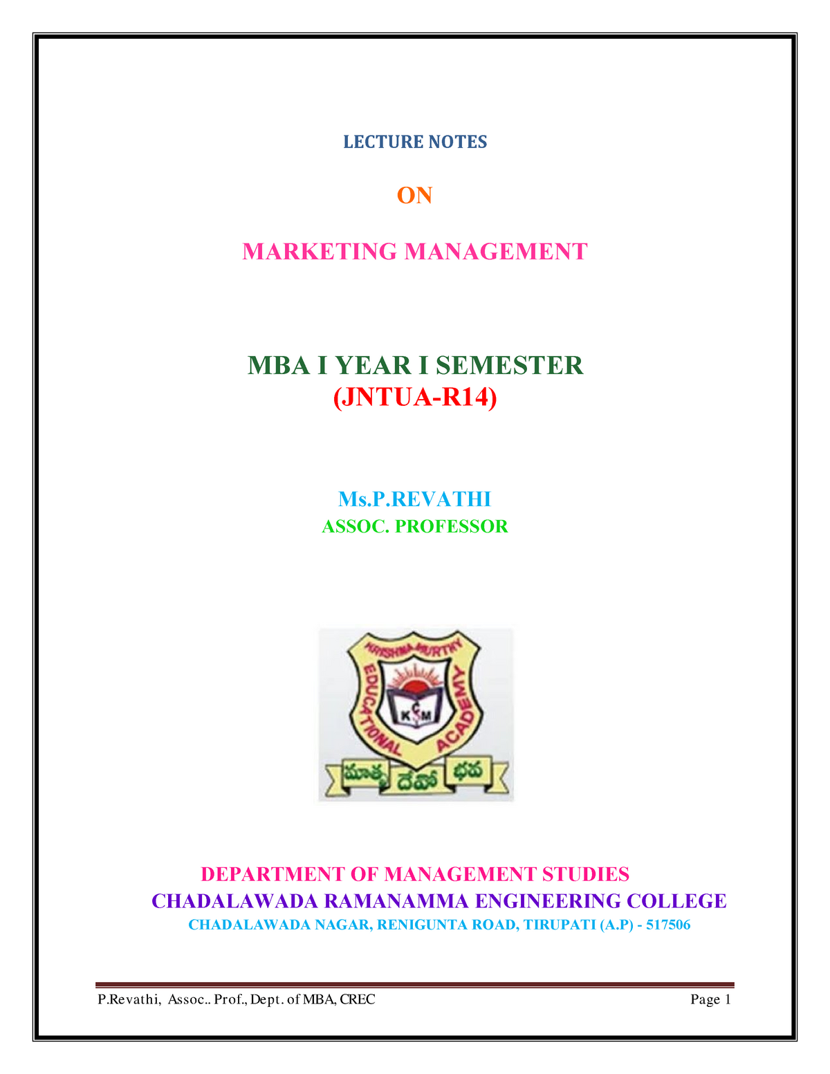 Marketing Management - Anna University] - masters in business - StuDocu