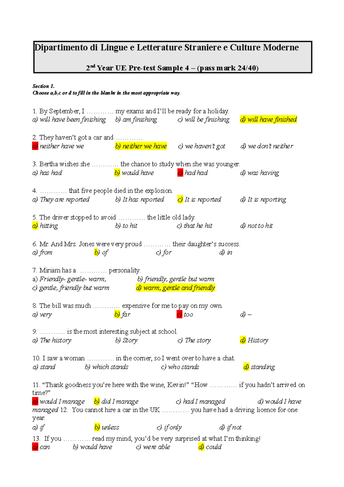 Sample Exam 4 (25-40 B) - Lettorato 2 - Dipartimento Di Lingue E ...