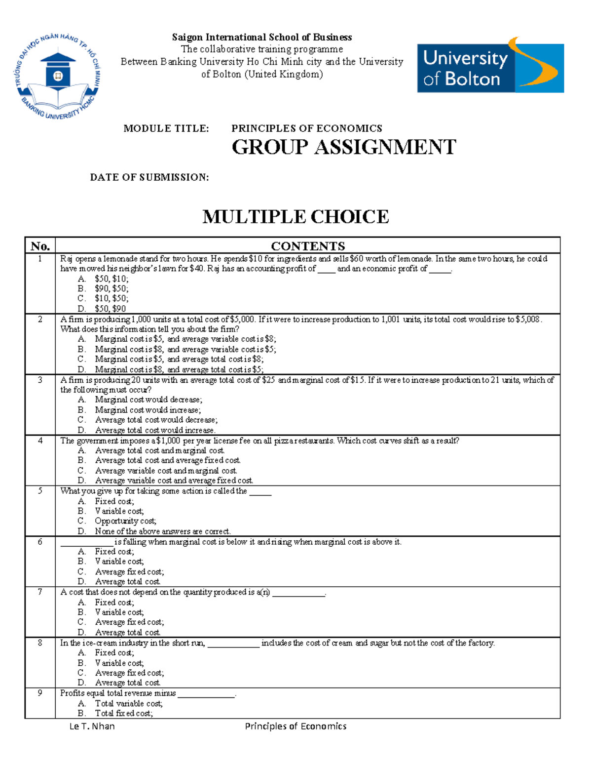 Assignment No. 5 - Le T. Nhan Principles of Economics Saigon ...