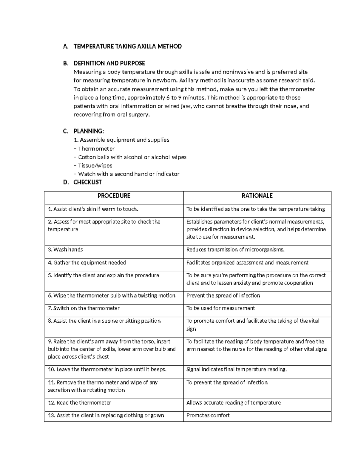 Axilla- Method-112 - A. TEMPERATURE TAKING AXILLA METHOD B. DEFINITION ...