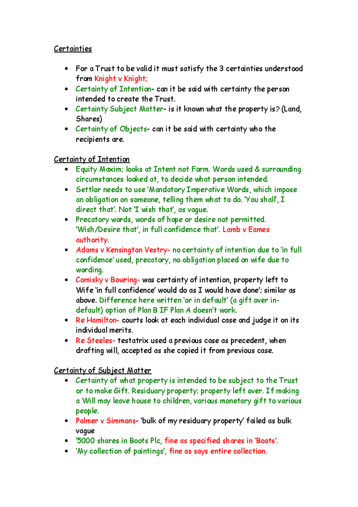 Certainties Exam Notes - Certainties For a Trust to be valid it must ...