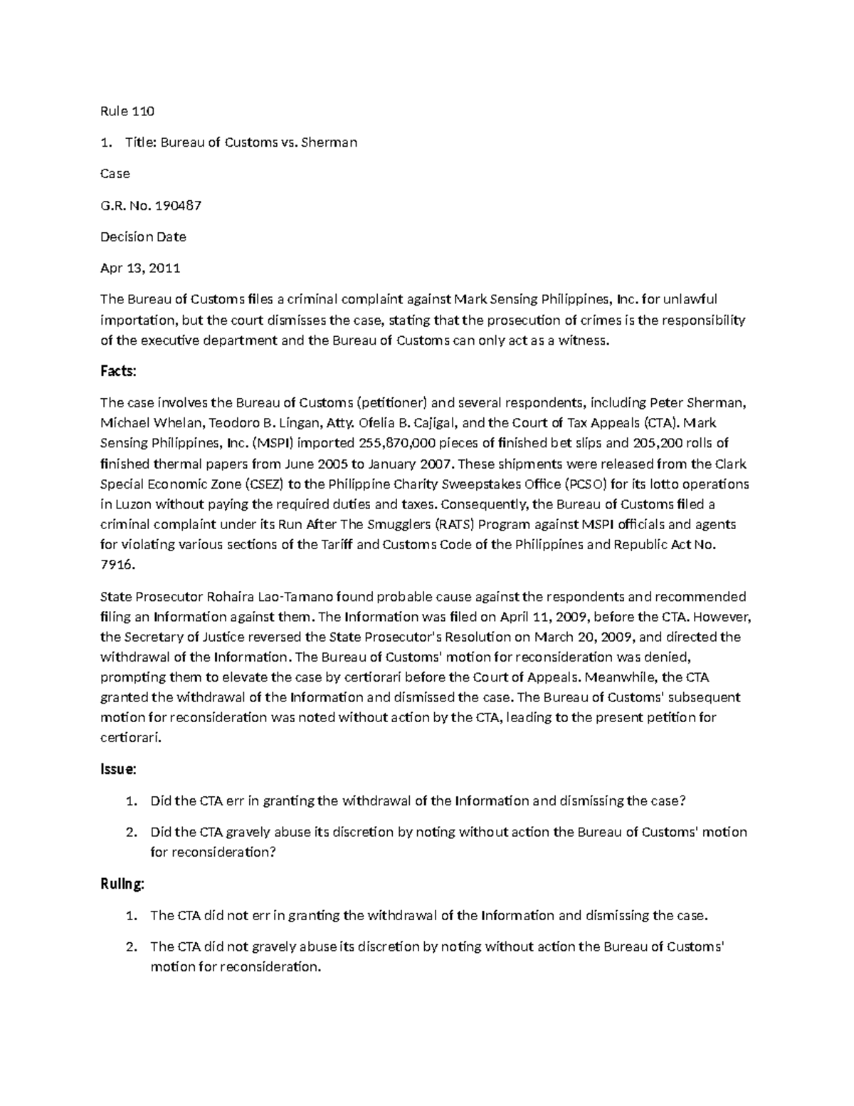 Rule 110 JDC Rule 110 JDC Rule 110 Title: Bureau of Customs vs