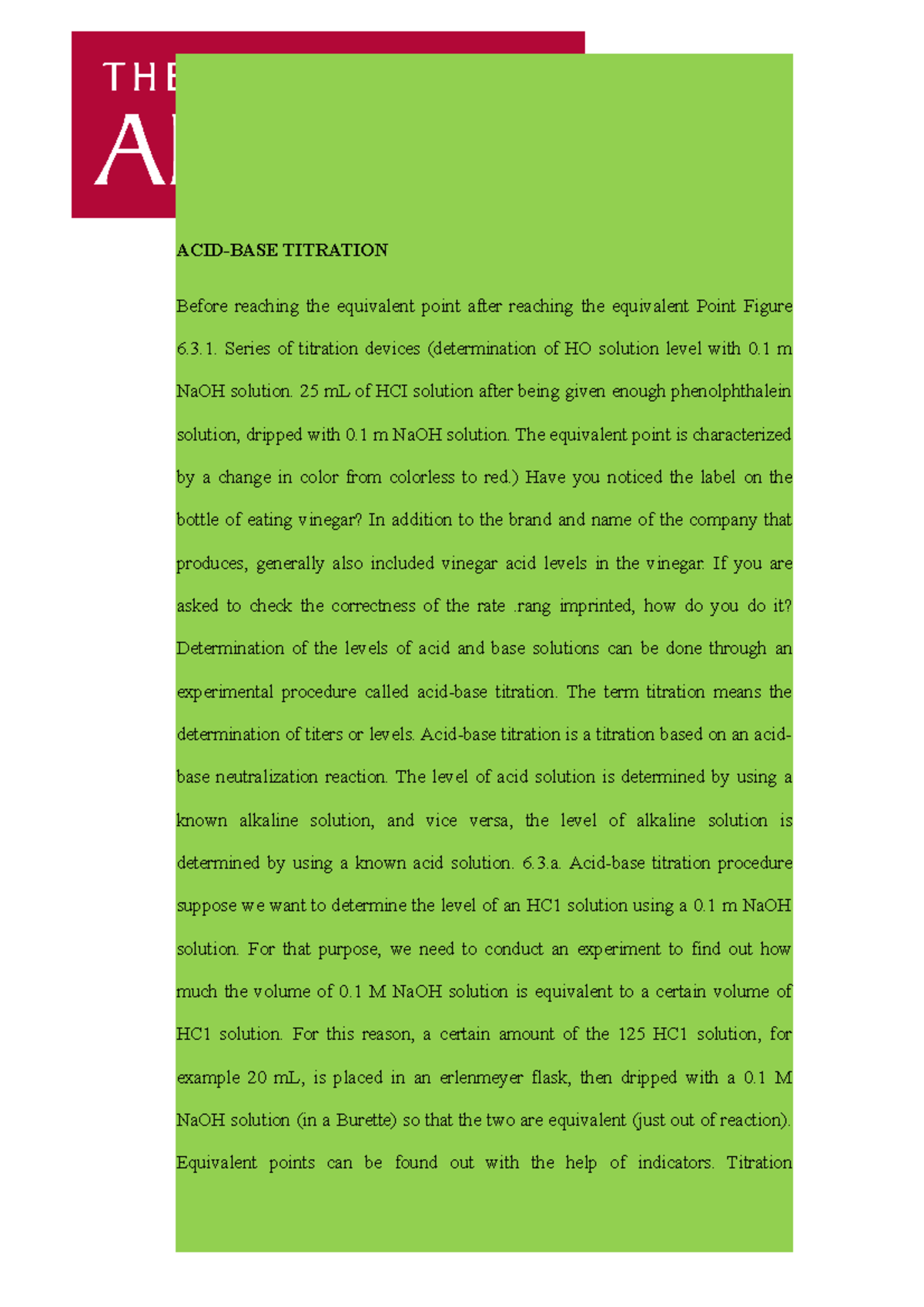 My Lecture Documents Chemistry ACIDBASE Titration ACIDBASE
