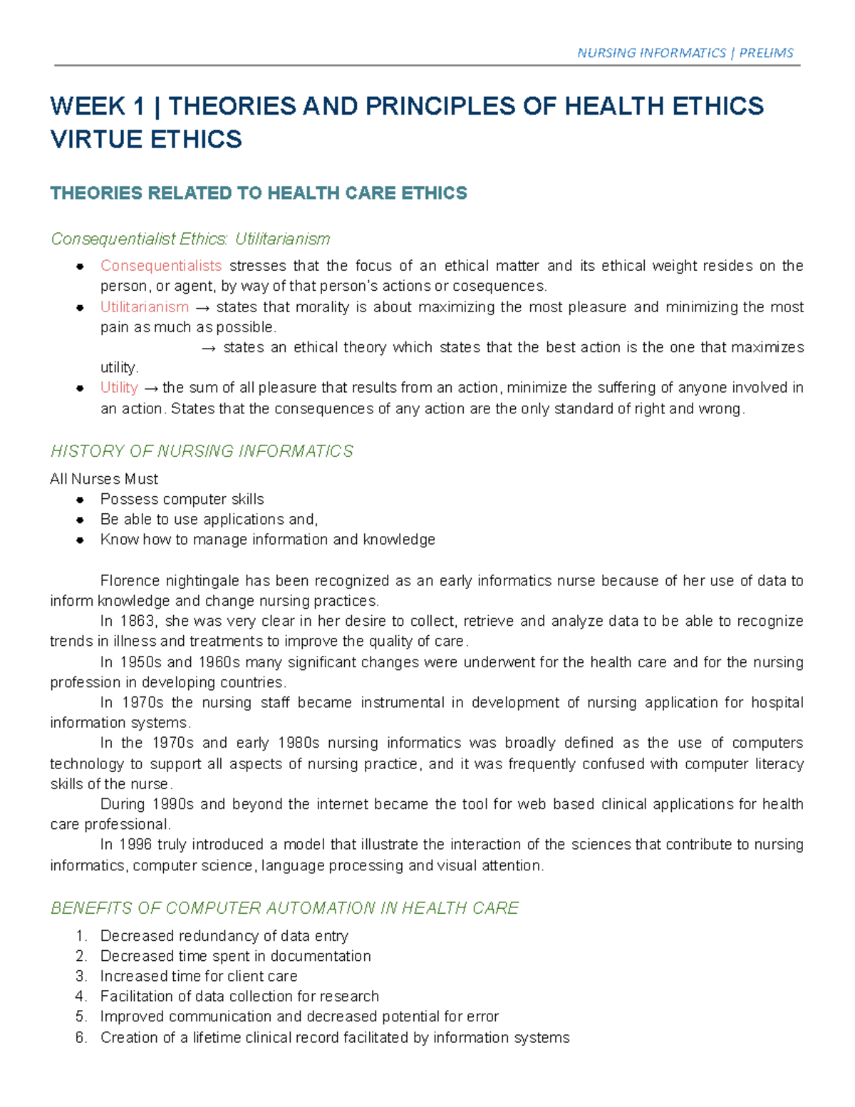 Health informatics - WEEK 1 | THEORIES AND PRINCIPLES OF HEALTH ETHICS ...