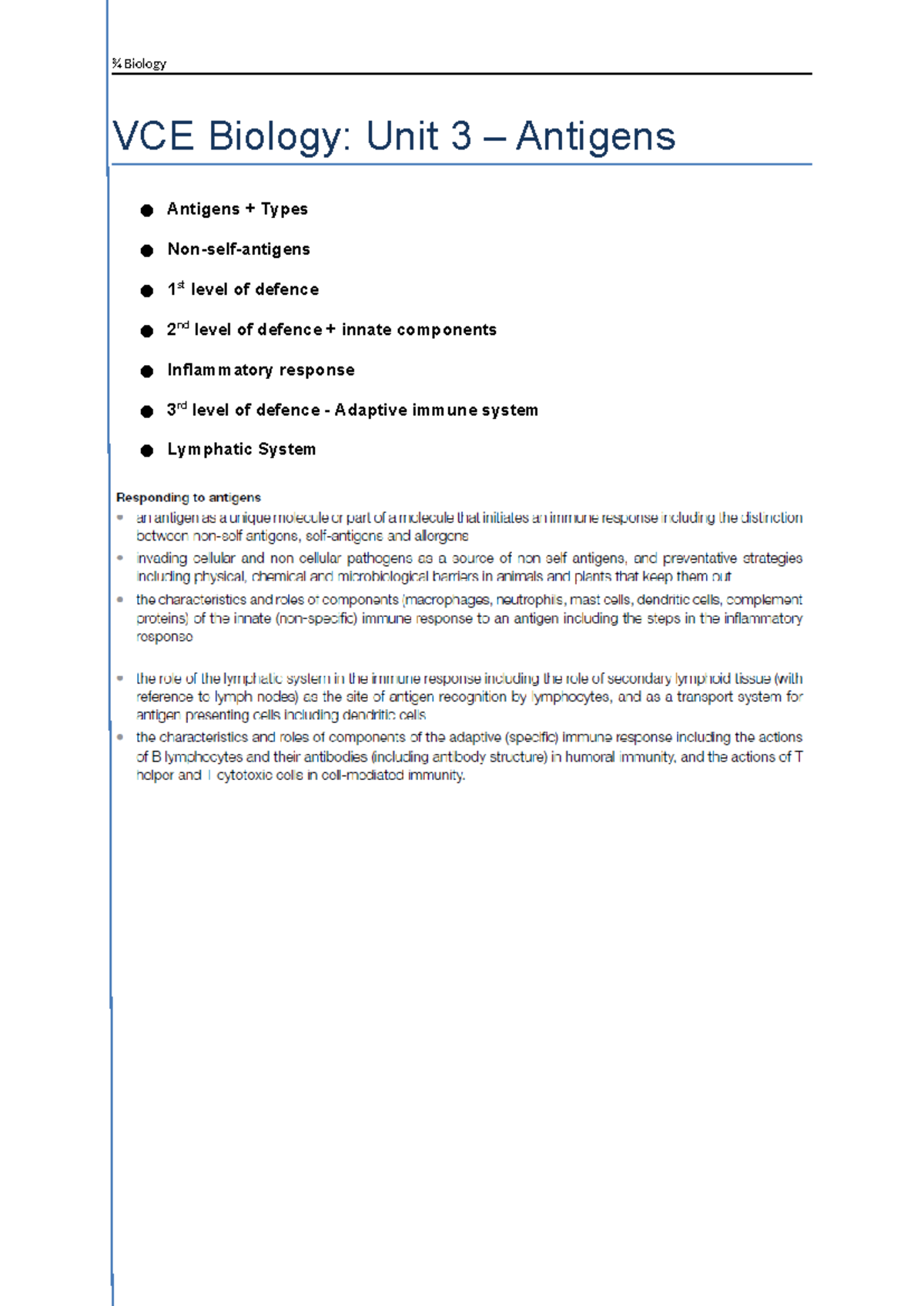 Antigens Notes VCE Biology Unit 3 Antigens Antigens + Types Non