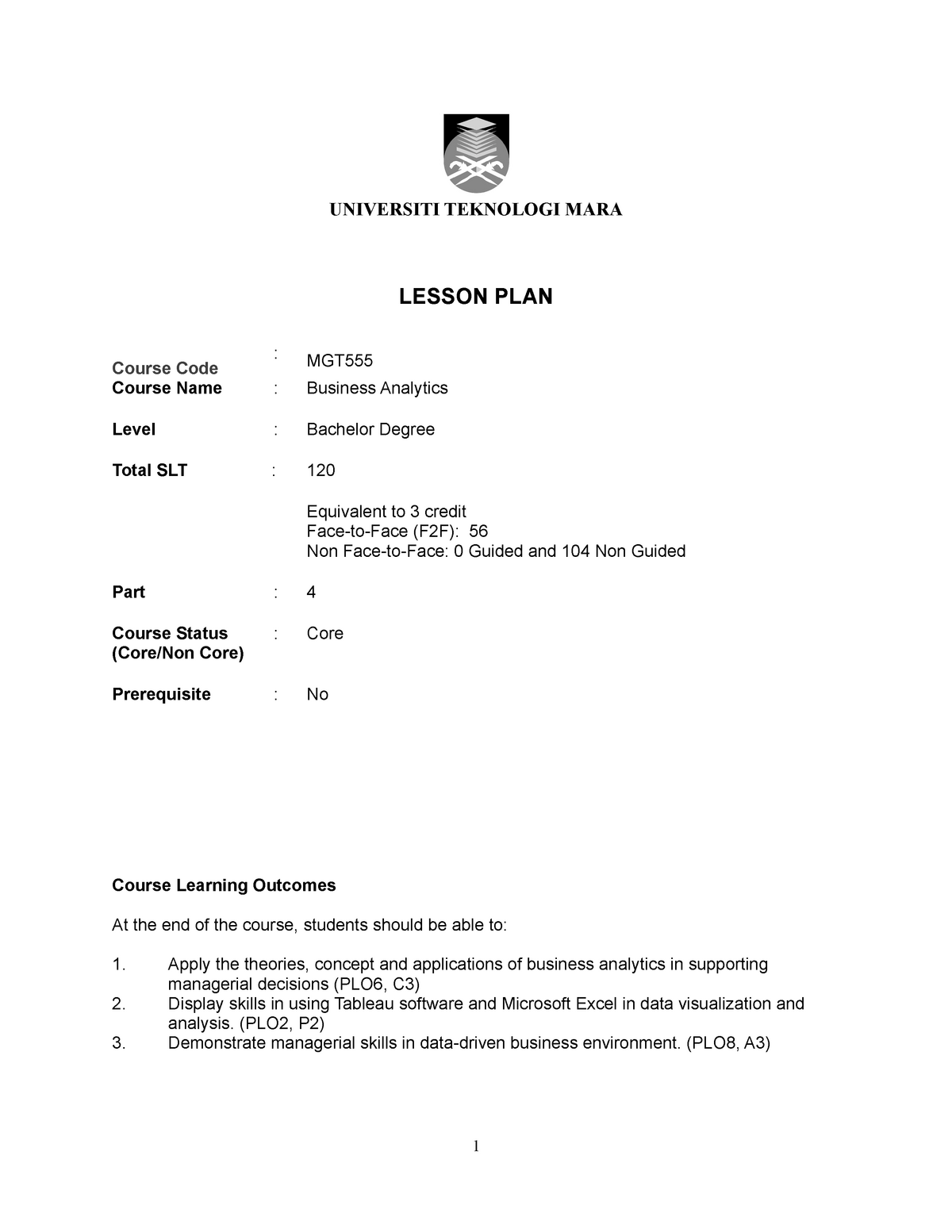 Lesson Plan-New - UNIVERSITI TEKNOLOGI MARA LESSON PLAN Course Code ...