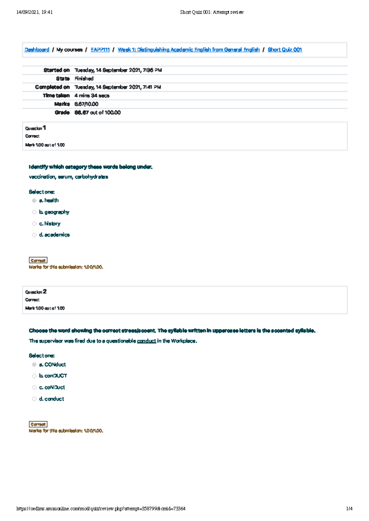 Short Quiz 001 Attempt review - Dashboard/My courses/ EAPP 111 / Week 1 ...