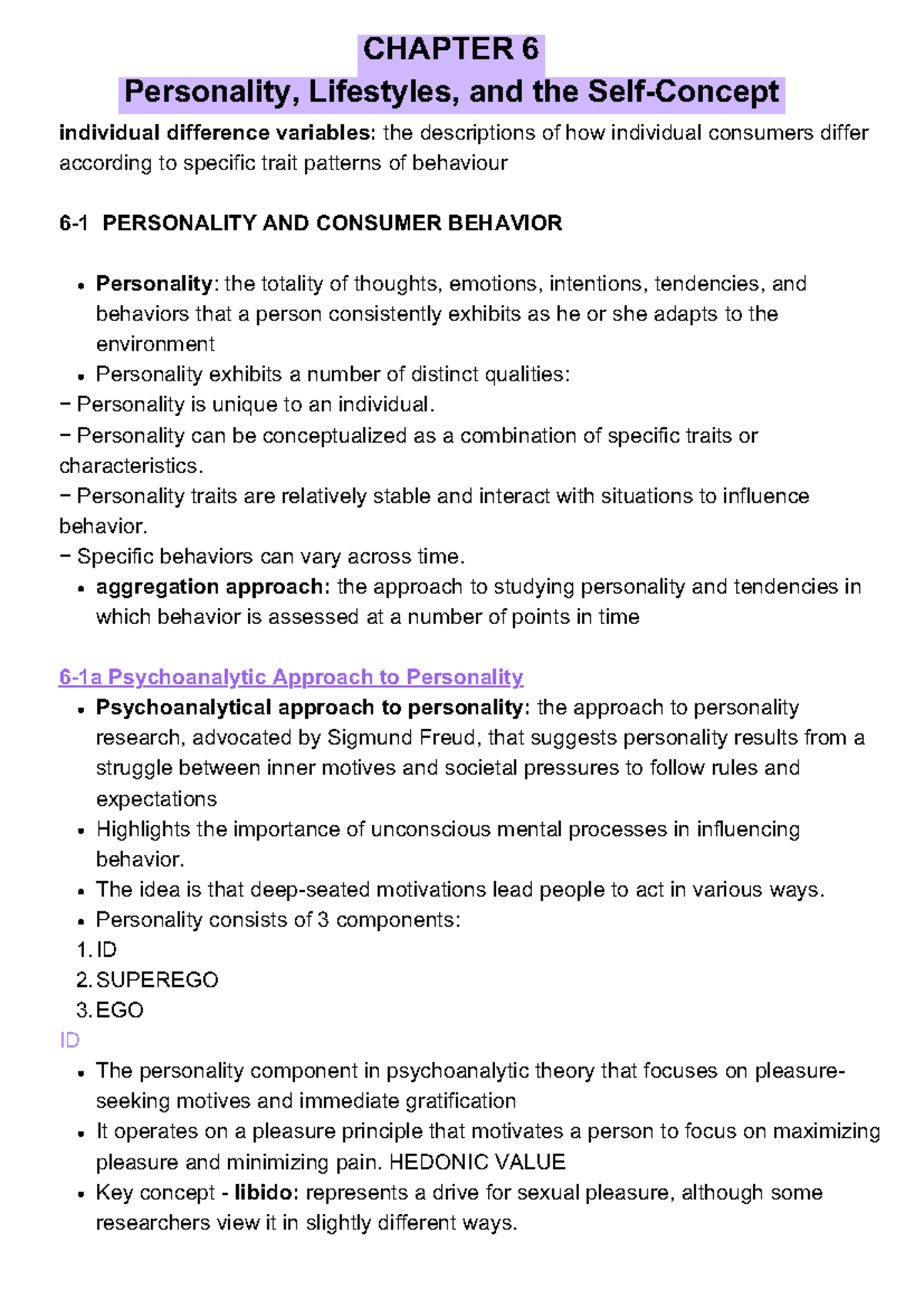 BEM 212 CHAP 6 notes - CHAPTER 6 Personality, Lifestyles, and the Self ...