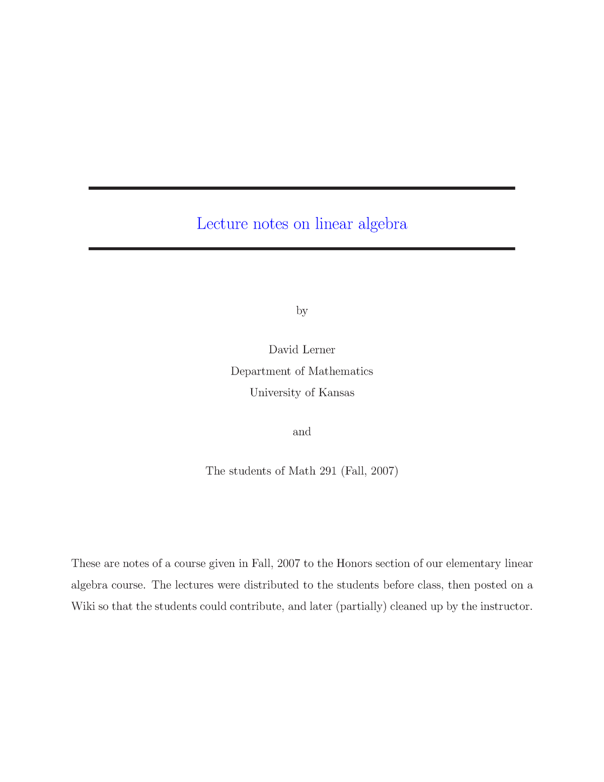 Linear Algebra Notes - Lecture Notes On Linear Algebra By David Lerner ...