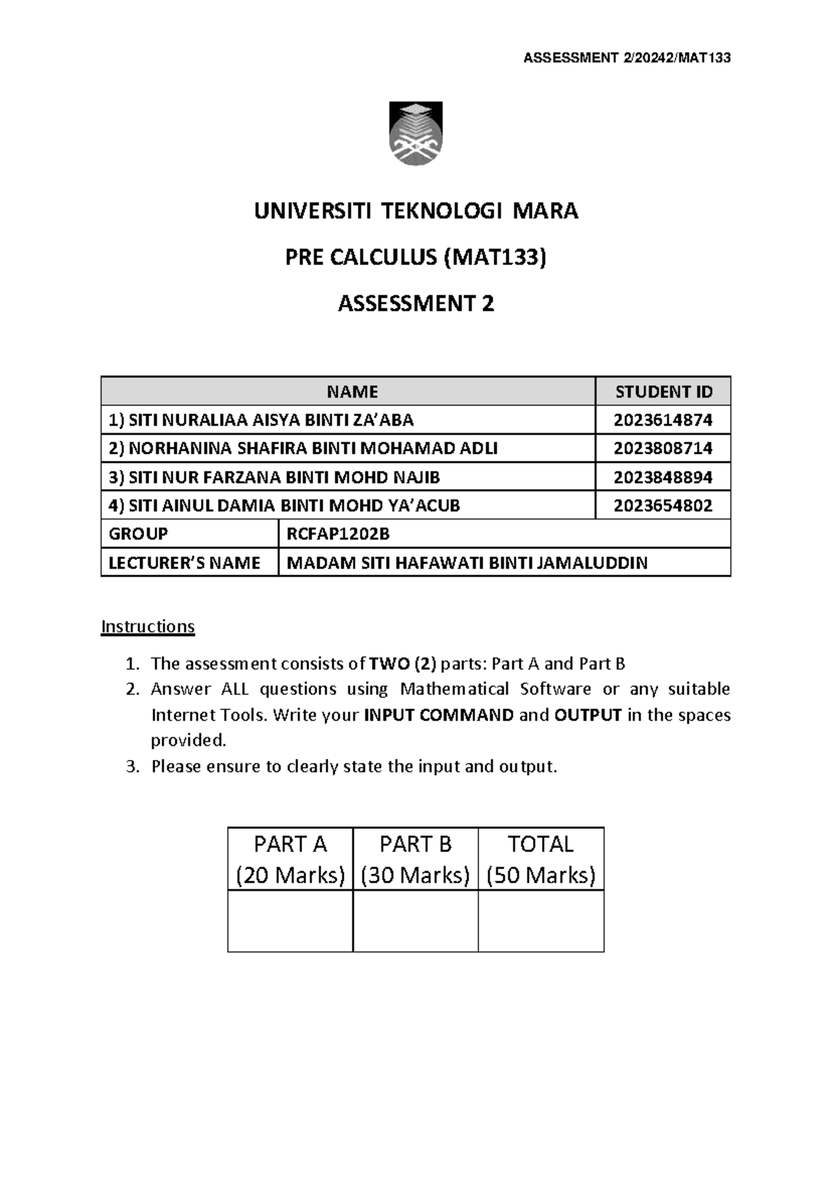 MAT133 Group Assessment - UNIVERSITI TEKNOLOGI MARA PRE CALCULUS ...