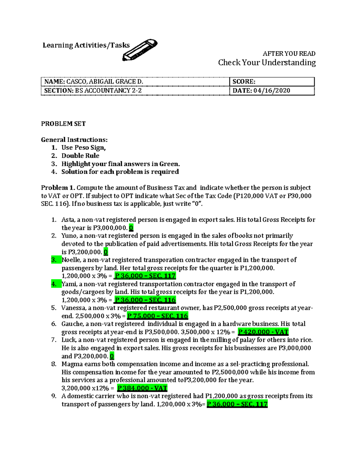 CascoTAXACT 3 mas Learning Activities/Tasks AFTER YOU READ Check