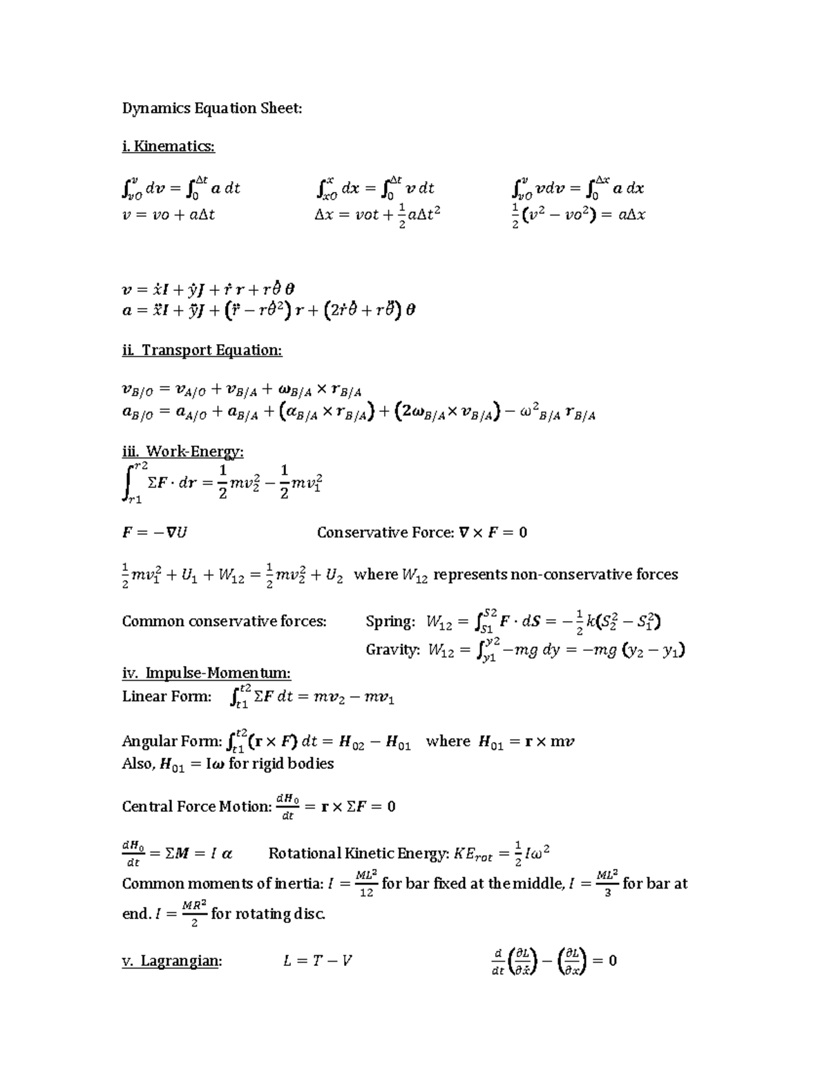 Dynamics Equation Sheet For Exam of Momentum and Force Equations and ...