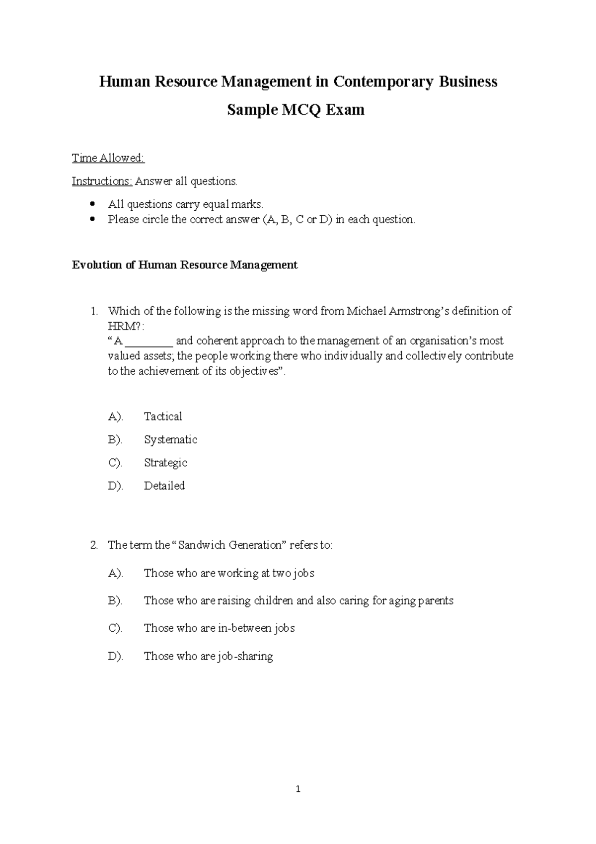 Exam 2018, questions Human Resource Management in Contemporary Business Sample MCQ Exam Time