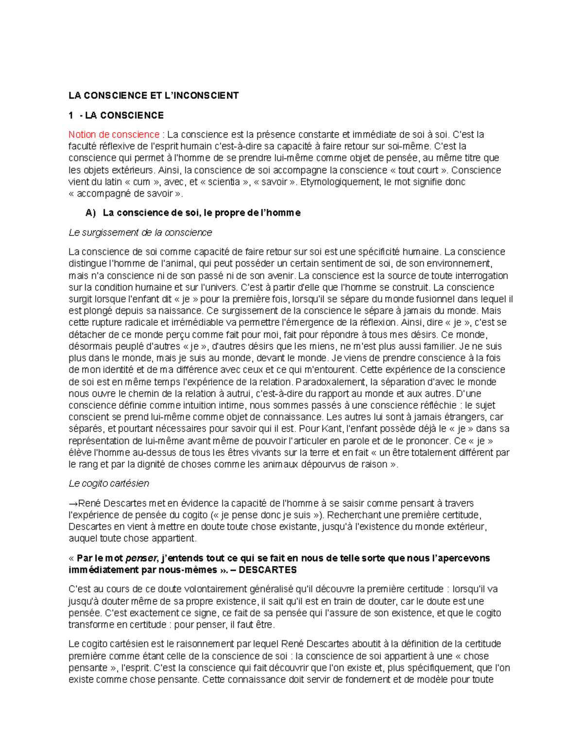 LA Conscience - LA CONSCIENCE ET L’INCONSCIENT 1 - LA CONSCIENCE Notion ...