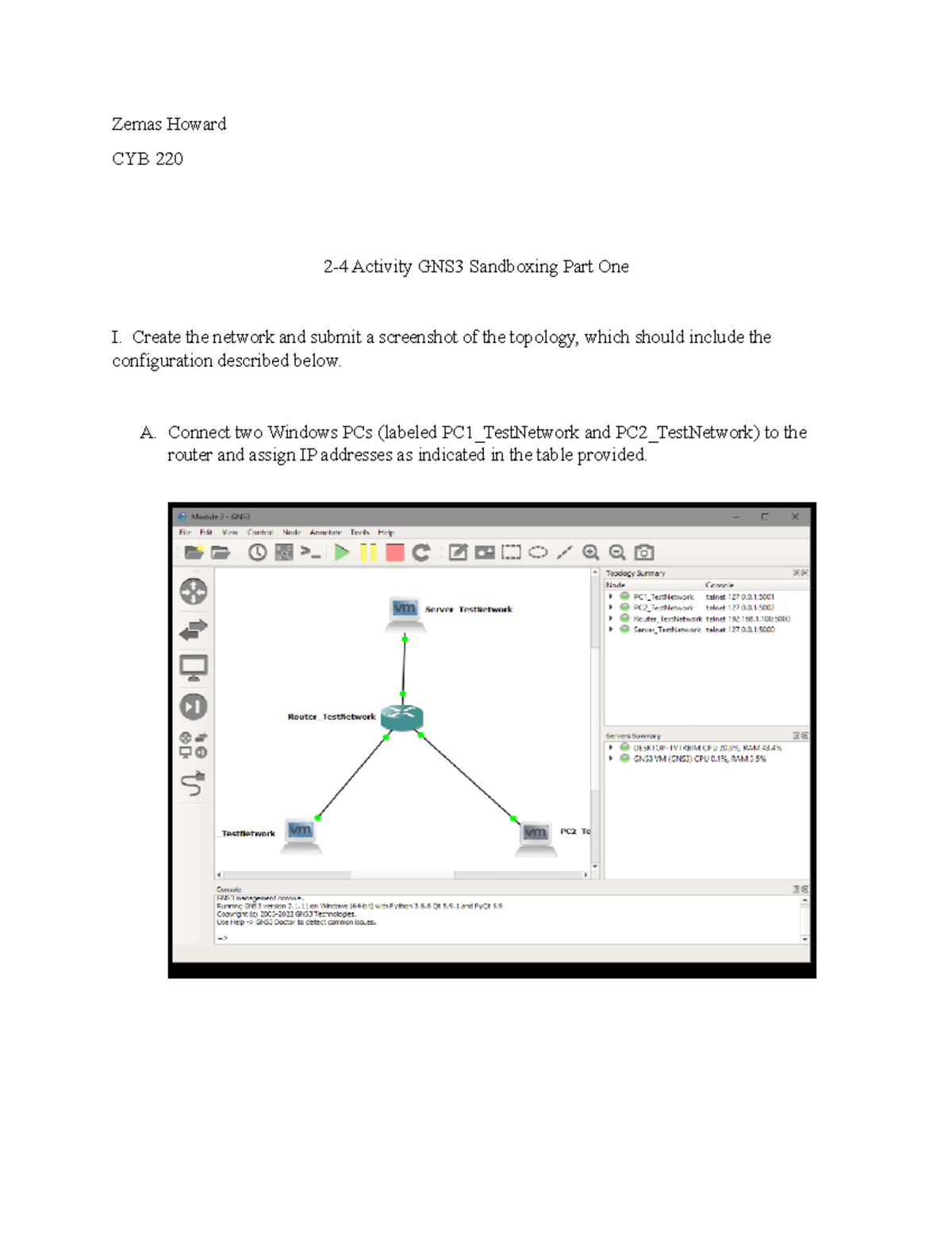 CYB 220 2-4 Activity GNS3 Sandboxing Part One Zemas Howard - Zemas ...
