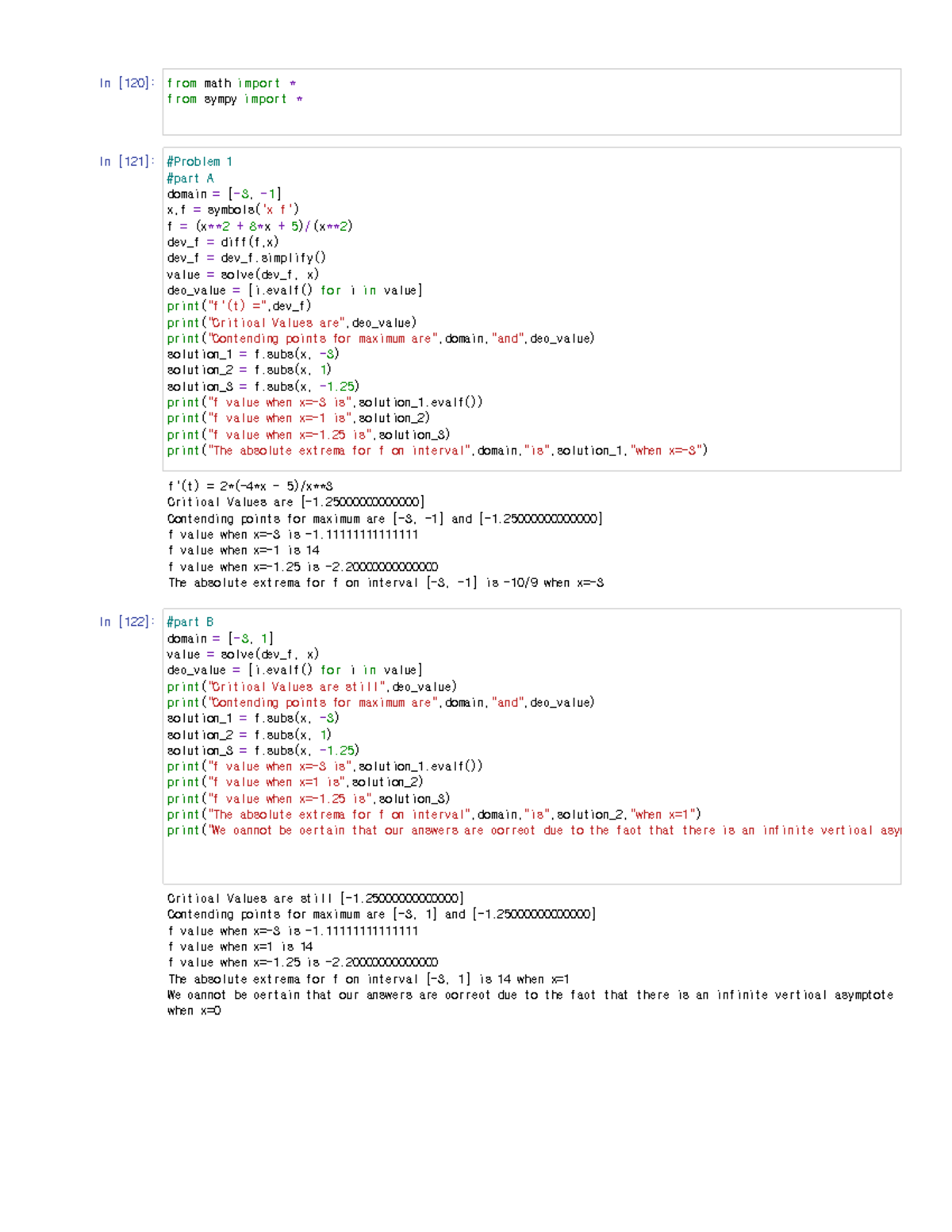 Math 151 python Lab 7 - In [120]: In [121]: In [122]: f'(t) = 2*(-4*x ...