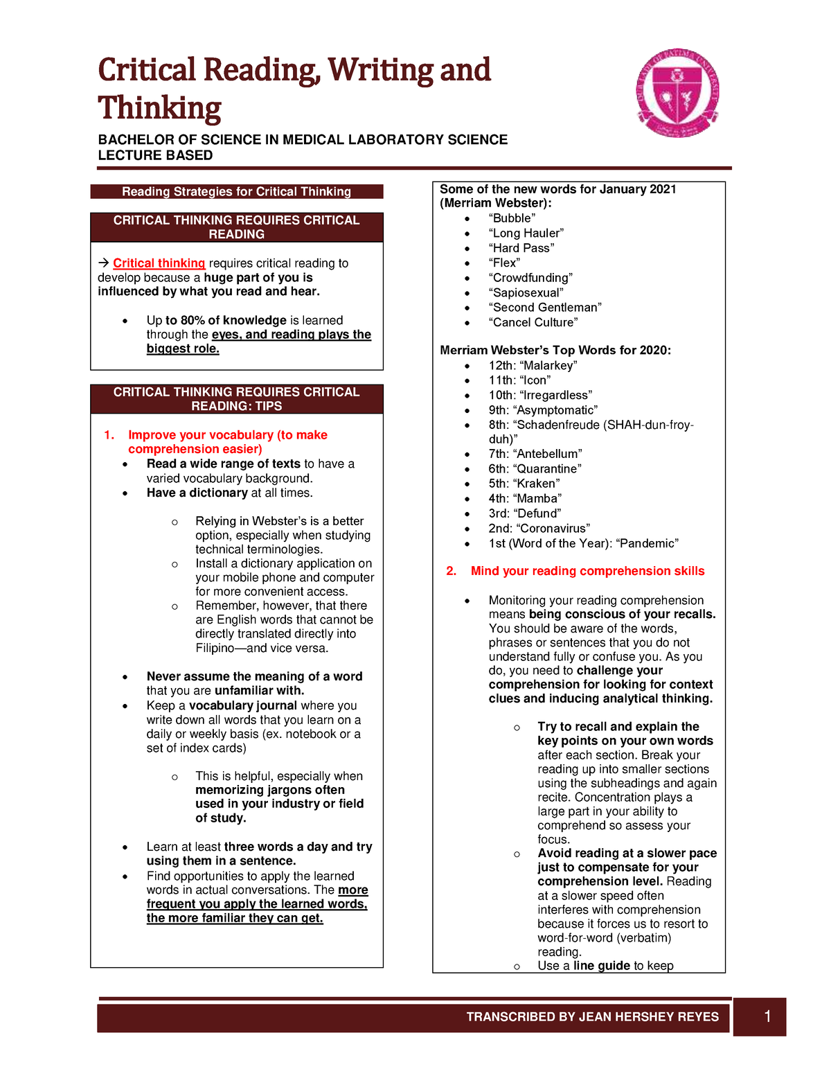 Lesson 4 Reading Strategies for Critical Thinking - Thinking BACHELOR ...