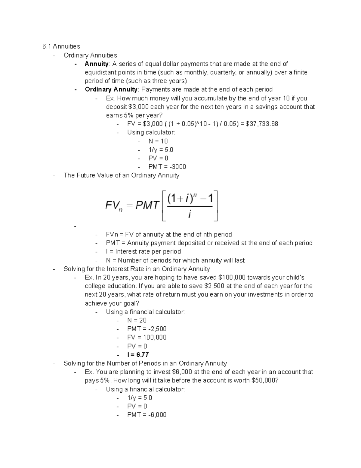 FIRE 311 Chapter 6 - 6 Annuities - Ordinary Annuities - Annuity: A ...