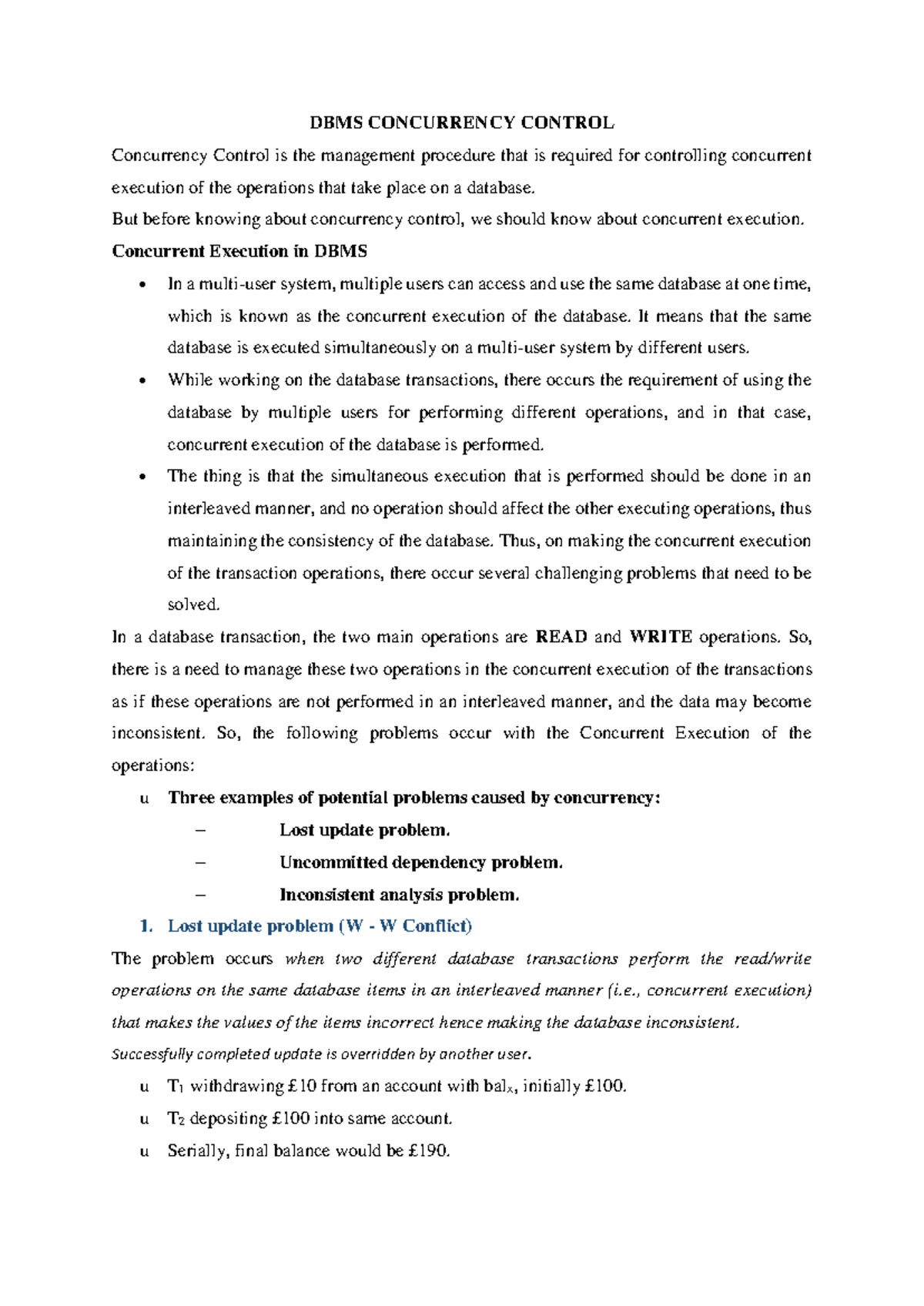 DBMS Concurrency Control notes - DBMS CONCURRENCY CONTROL Concurrency ...