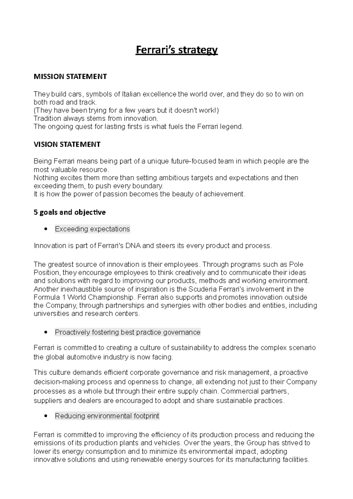 Ferrari’s strategy - esercizio - Ferrari’s strategy MISSION STATEMENT ...