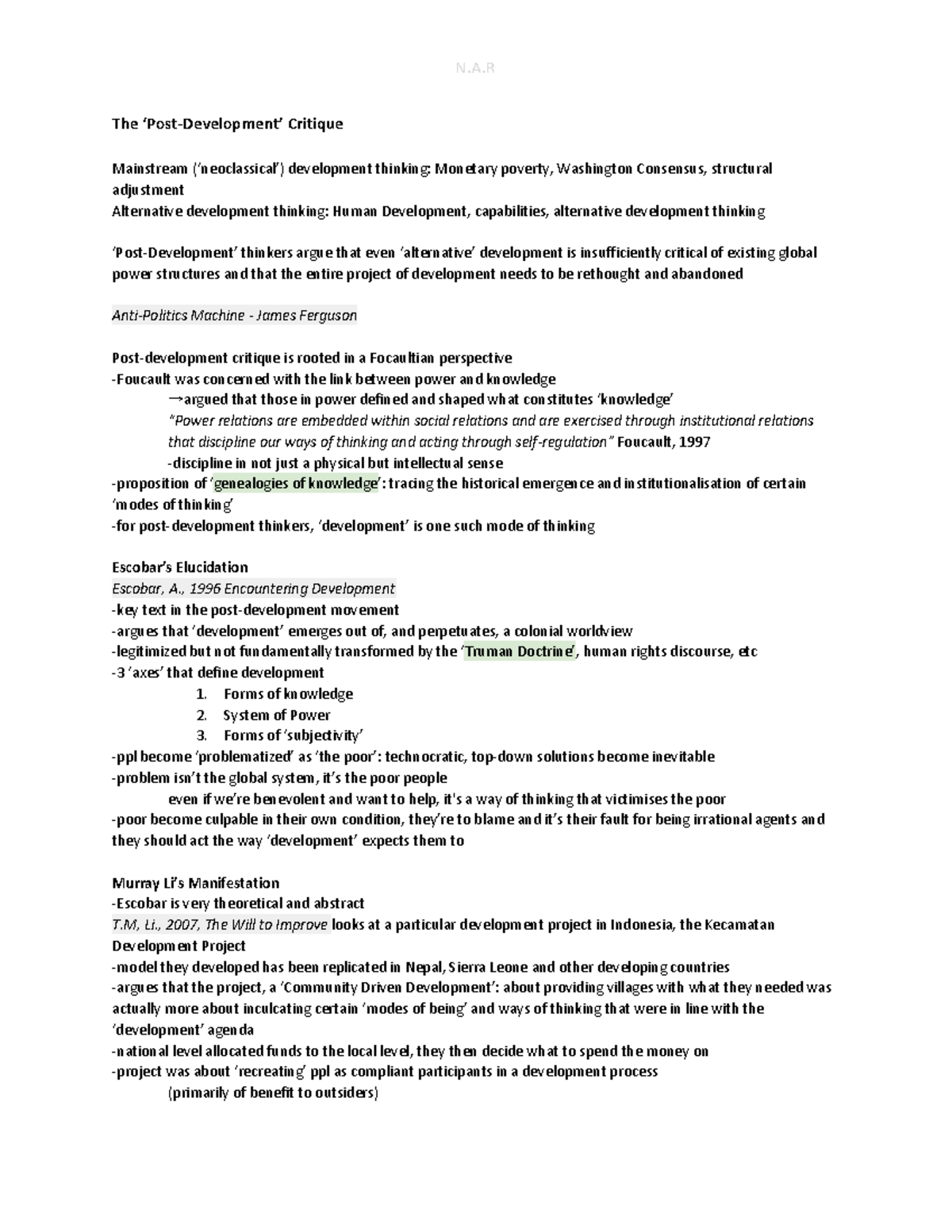 The ‘PostDevelopment’ Critique N.A The ‘PostDevelopment’ Critique