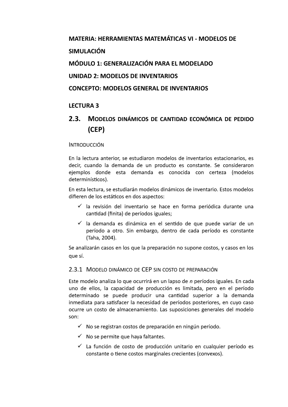 M1 L4 Modelos Dinámicos DE Cantidad Económica DE Pedido (CEP) (Revisado) -  MATERIA: HERRAMIENTAS - Studocu