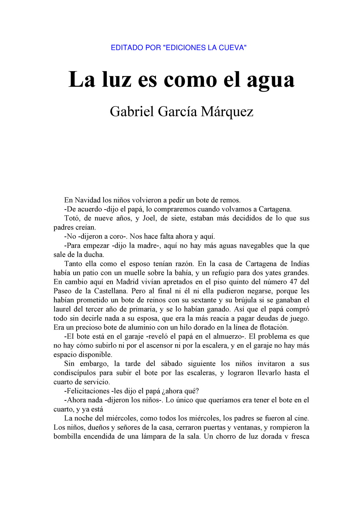 La Luz Como El Agua Lectura La Luz Es Como El Agua Gabriel Garc a 