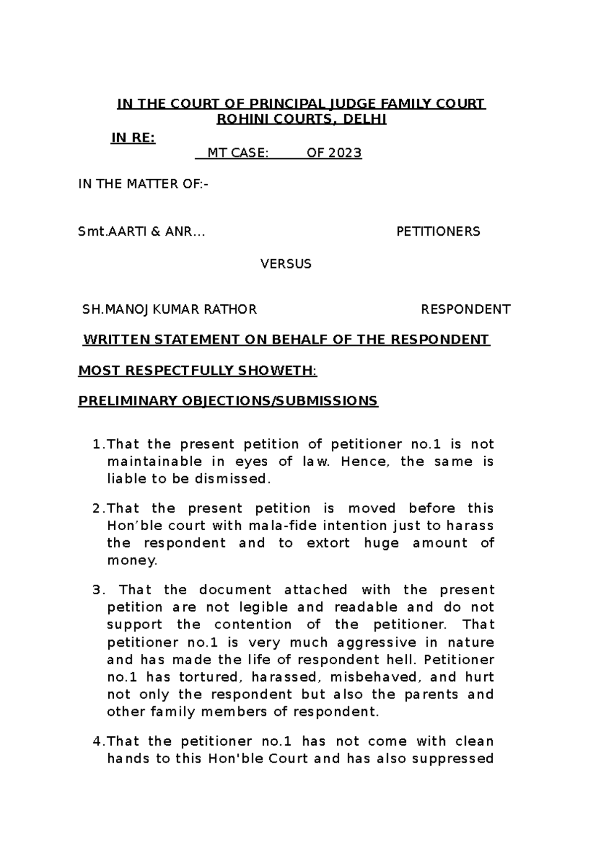 Aarti vs manoj law material IN THE COURT OF PRINCIPAL JUDGE FAMILY