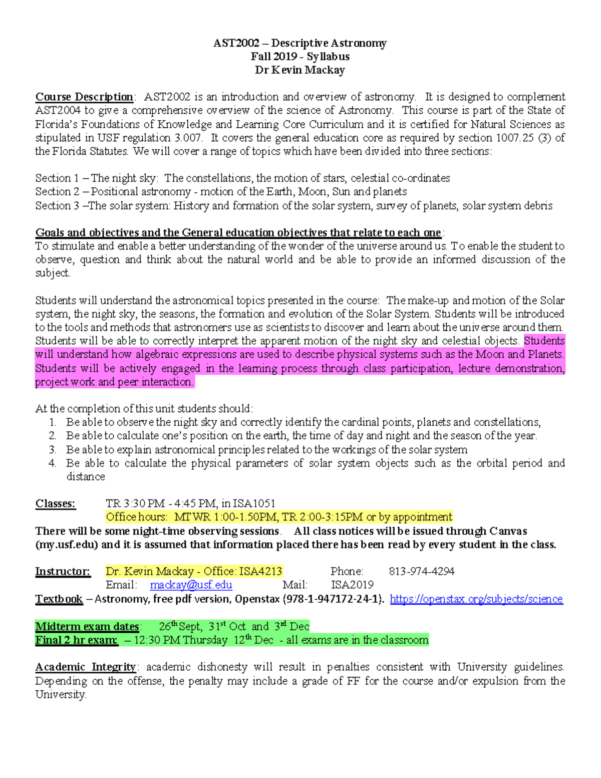 Ast2002 Syllabus Fall 19 Descriptive Astronomy Usf Studocu