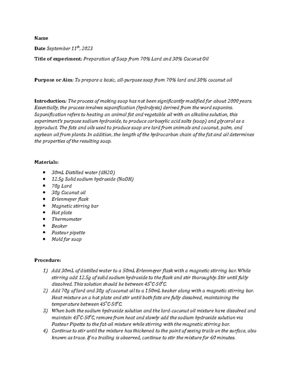 How to approach a lab write up for CHM2211L Name Date September 11th
